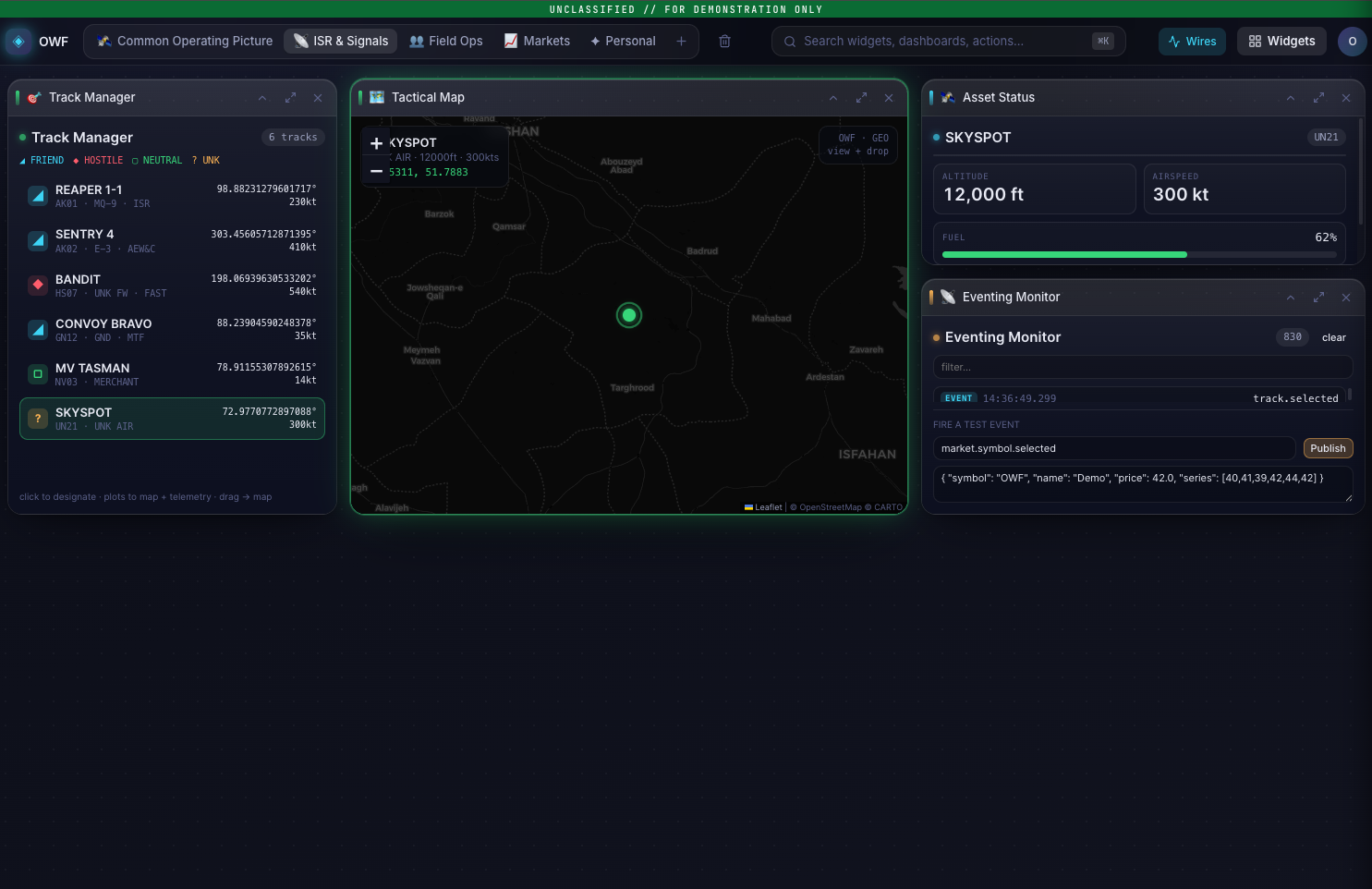 OWF Modern Common Operating Picture dashboard: a tactical map, track manager, SIGACTS feed, and asset status widgets on a dark control surface.